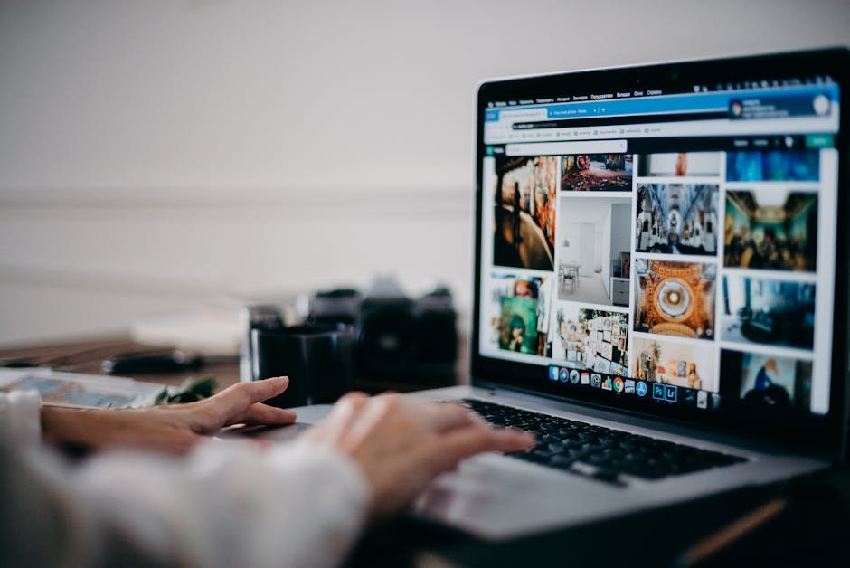 Close-up of hands using laptop for image searching and browsing digital photo gallery.